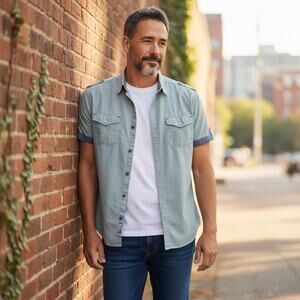 Free Planet Mens Sage Green Short Sleeve Button Down Shirt L